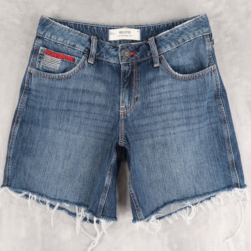 Hollister Denim Jorts Women 4 W27 Fits 29x7.5 Blue Low-Rise Baggy Jort Raw Hem